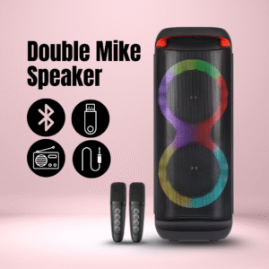 KING TIGER Double Mike Speaker with Dual Wireless Microphones, Portable Bluetooth PA System, Powerful Bass, Rechargeable Battery, Multi-Input Options – Ideal for Karaoke, Events, Parties & Presentations