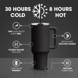 DOEASY 1.2ML Hot and Cold Tumbler with Handle and Straw Lid Double Insulated Cup Reusable Stainless Steel Water Bottle 100% Leak Proof Mug Cupholder for Gym, Travelling (Black)