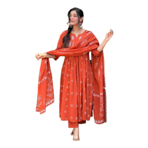 Women's Viscose Anarkali Kurta Set with Dupatta – Embroidered Orange Ethnic