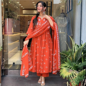 Women's Viscose Anarkali Kurta Set with Dupatta – Embroidered Orange Ethnic