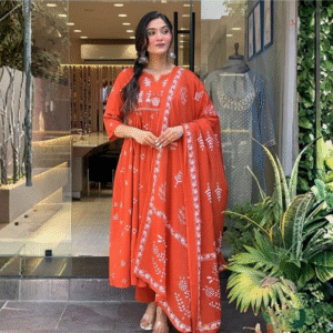 Women's Viscose Anarkali Kurta Set with Dupatta – Embroidered Orange Ethnic