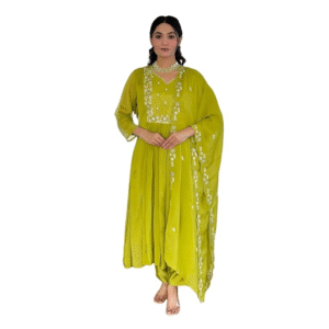 Women's Chinon Embroidered Flared Kurta with Pant & Dupatta Set (Plus Size Available) – NX-616