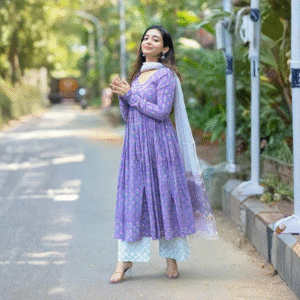 Women’s Printed Anarkali Kurta and Pant Set with Dupatta