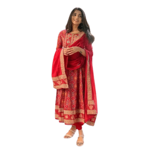 Women's Cotton Anarkali Embroidered Designer Long Kurti with Pant and Dupatta Set (Red)