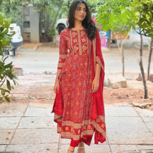 Women's Cotton Anarkali Embroidered Designer Long Kurti with Pant and Dupatta Set (Red)
