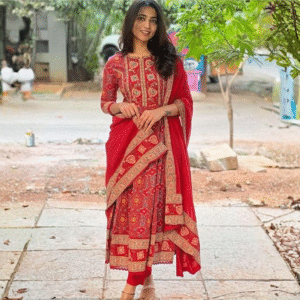 Women's Cotton Anarkali Embroidered Designer Long Kurti with Pant and Dupatta Set (Red)