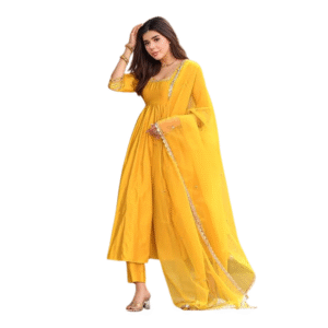 Women's Rayon Viscose Anarkali Solid Kurta with Pant & Dupatta (Yellow)