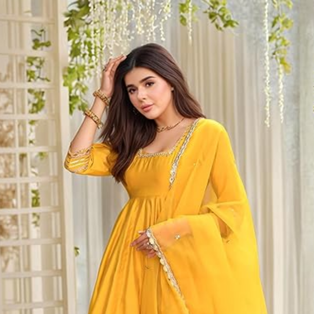 Women's Rayon Viscose Anarkali Solid Kurta with Pant & Dupatta (Yellow) - Image 5