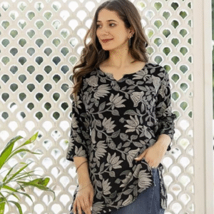 DRESSAR Women Floral Printed Rayon Short Kurta (Black)