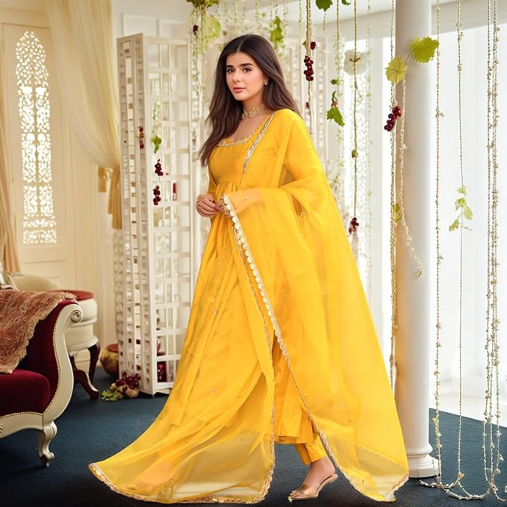 Women's Rayon Viscose Anarkali Solid Kurta with Pant & Dupatta (Yellow) - Image 4