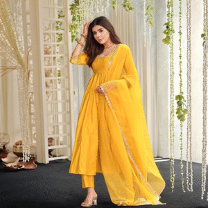 Women's Rayon Viscose Anarkali Solid Kurta with Pant & Dupatta (Yellow)