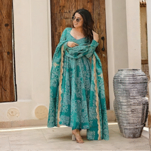 Women's Bandhani Print Flared Anarkali Muslin Kurta Set with Pant & Stylish Dupatta – Ethnic Long Sleeve Dress Suit Set