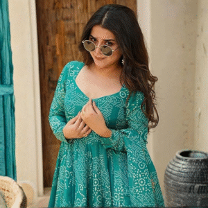 Women's Bandhani Print Flared Anarkali Muslin Kurta Set with Pant & Stylish Dupatta – Ethnic Long Sleeve Dress Suit Set