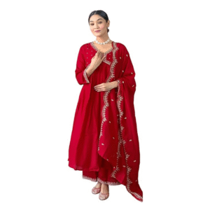 Women's Vichitra Silk Embroidered A-Line Kurta with Vichitra Silk Pant & Chinon Embroidered Dupatta Set (NK-443)