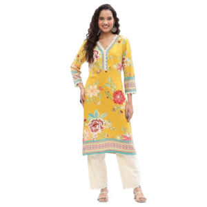 BIBA Women’s Rayon Printed Straight Kurta – Yellow V-Neck, 3/4 Sleeves