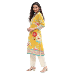 BIBA Women’s Rayon Printed Straight Kurta – Yellow V-Neck, 3/4 Sleeves