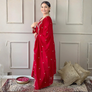 Women's Vichitra Silk Embroidered A-Line Kurta with Vichitra Silk Pant & Chinon Embroidered Dupatta Set (NK-443)