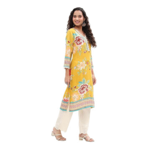 BIBA Women’s Rayon Printed Straight Kurta – Yellow V-Neck, 3/4 Sleeves