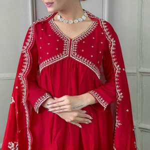 Women's Vichitra Silk Embroidered A-Line Kurta with Vichitra Silk Pant & Chinon Embroidered Dupatta Set (NK-443)