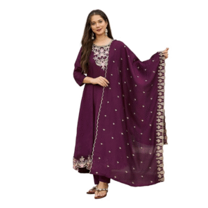 Women's Vichitra Silk Embroidered A-Line Kurta with Pant and Dupatta Set (NX2-656)