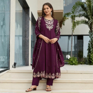 Women's Vichitra Silk Embroidered A-Line Kurta with Pant and Dupatta Set (NX2-656)