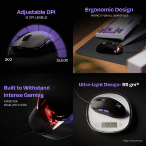 Kreo Harpy Wired Gaming Mouse  55g Ultra-Light Gaming Mouse | 12,800 DPI | 1000Hz Polling Rate | Customizable RGB (13 Modes)