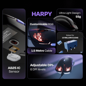 Kreo Harpy Wired Gaming Mouse  55g Ultra-Light Gaming Mouse | 12,800 DPI | 1000Hz Polling Rate | Customizable RGB (13 Modes)