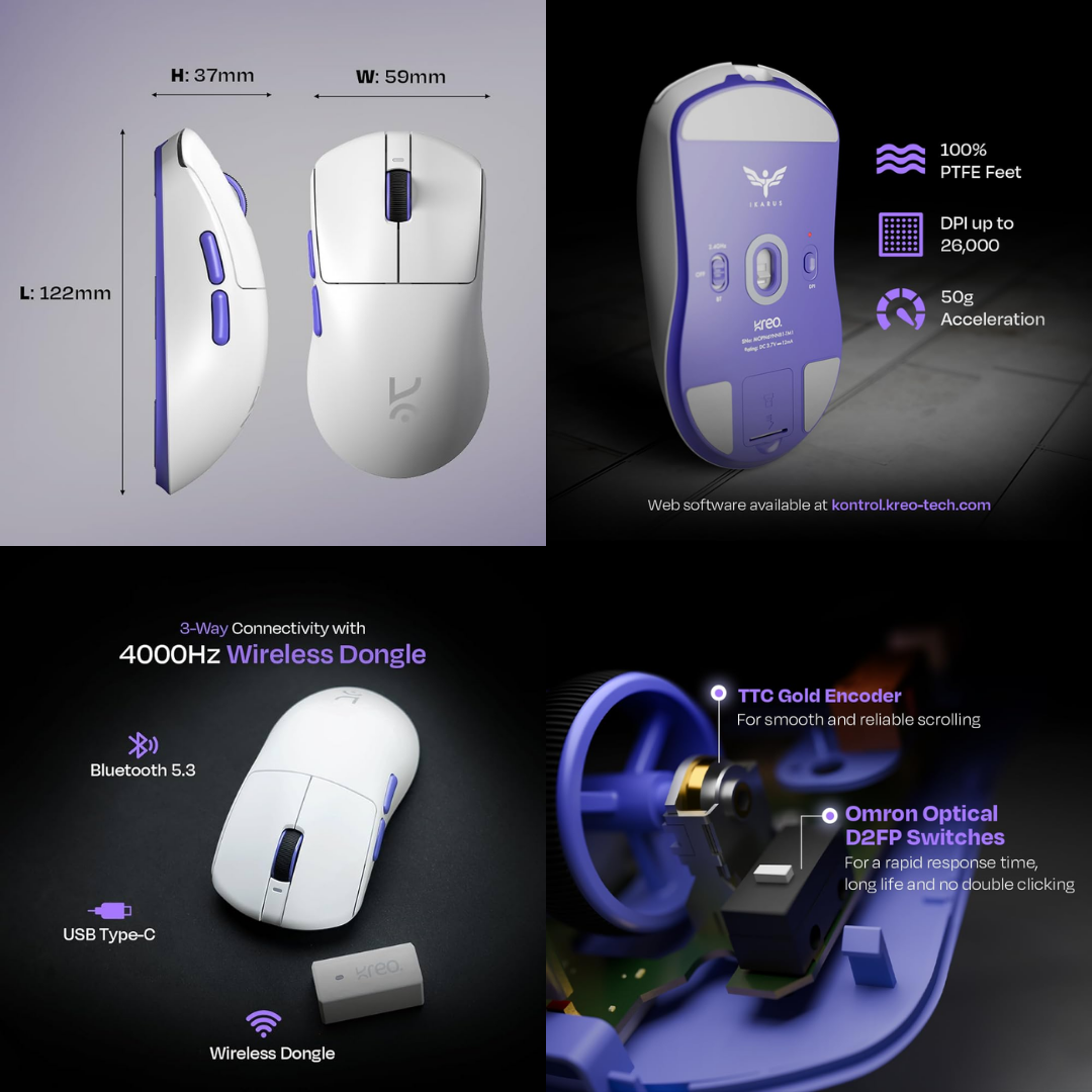 Kreo Ikaruss Wireless Gaming Mouse Ultralight Gaming Mouse | Tri-Mode Connectivity | High DPI Sensor | Long Battery Life (White) - Image 2