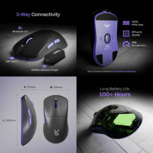 Kreo Ikaruss Wireless Gaming Mouse  Ultralight Gaming Mouse | Tri-Mode Connectivity | High DPI Sensor | Long Battery Life (Black)