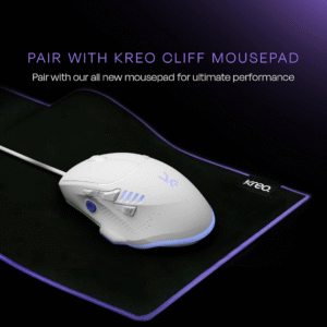 Kreo Hawk Wired Gaming Mouse  PMW3327 Sensor | 12,400 DPI | 8 Programmable Buttons | Customizable RGB | Ergonomic Design (White Hawk)